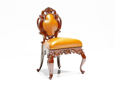 Classic Wooden Dining Chair With Carved Backrest And Orange Leather Seat 3d model