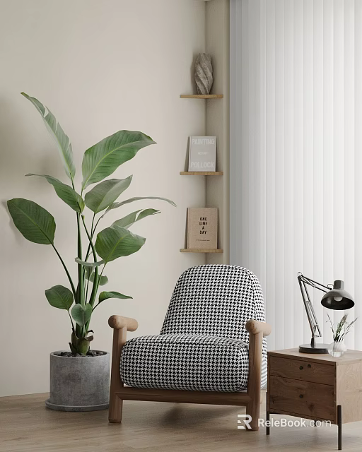 Black and White Houndstooth Accent Chair With Large Green Plant Wooden Shelf And Table Lamp 3d model 
