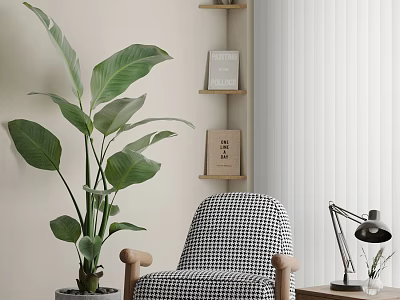 Black and White Houndstooth Accent Chair With Large Green Plant Wooden Shelf And Table Lamp 3d model