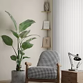 Black and White Houndstooth Accent Chair With Large Green Plant Wooden Shelf And Table Lamp