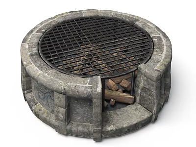 Round Stone Fire Pit With Metal Grate And Firewood Inside 3d model