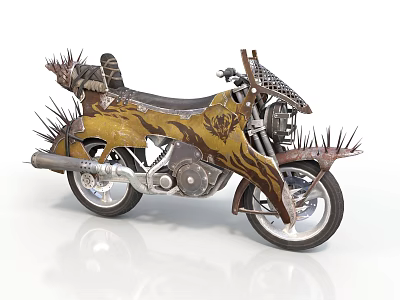 Custom Spiked Motorcycle With Yellow Brown Decorative Patterns And Leather Seat 3d model