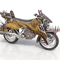 Custom Spiked Motorcycle With Yellow Brown Decorative Patterns And Leather Seat