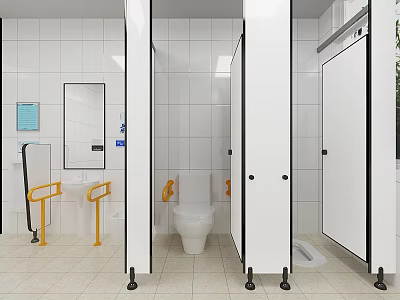 Accessible Public Restroom Interior With Stalls Handrails Toilet And Sink 3d model