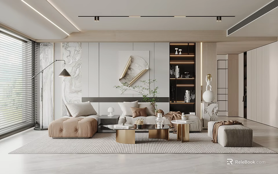 Modern Living Room Interior With Sofa Coffee Table Decorative Painting Shelves And Floor Lamp 3d model 