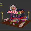 Colorful Food Stall Setup With Red White Striped Awning Tables Chairs Street Lamps And Benches