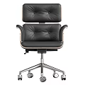 Modern Black Leather Office Chair With Button Tufted Backrest Wooden Armrests And Metal Base