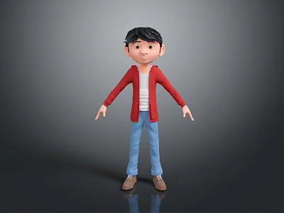 3D Animated Boy Character With Black Short Hair Red Jacket Blue Pants Brown Shoes 3d model