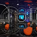 Modern KTV Room Interior With Large Screen Orange Sofas And Black Marble Flooring 3d model