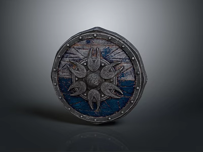 Vintage Medieval Circular Shield Weapon with Metal Rivets Blue Gray Surface and Central Star Decoration 3d model