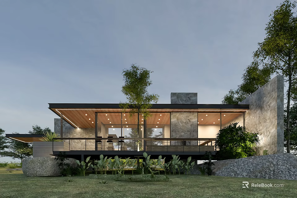 Modern Detached Villa With Large Glass Windows Stone Walls And Terrace Surrounded by Trees 3d model 