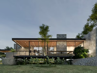 Modern Detached Villa With Large Glass Windows Stone Walls And Terrace Surrounded by Trees 3d model