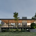 Modern Detached Villa With Large Glass Windows Stone Walls And Terrace Surrounded by Trees