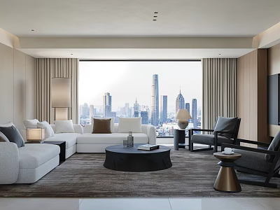 Modern Minimalist Living Room With Plush Sectional Sofa And Panoramic City View Window 3d model