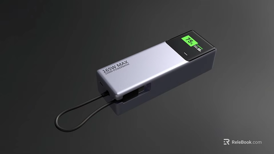 Portable Silver Power Bank With Digital Display Showing Battery Level And Lanyard For Easy Carrying 3d model 