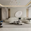 Modern Living Dining Room Interior With White Curved Sofa Blue Armchair And Gold Chandelier