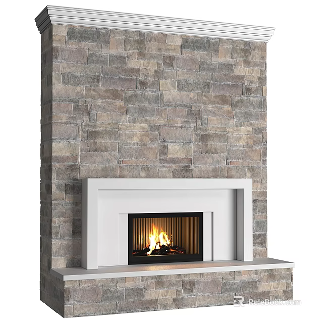 Natural Stone Wall Fireplace with White Frame and Burning Fire Interior Design 3d model