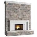 Natural Stone Wall Fireplace with White Frame and Burning Fire Interior Design 3d model