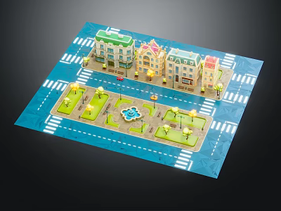 Cartoon Town Scene With Colorful Buildings Green Lawns Street Lamps And Central Fountain 3d model