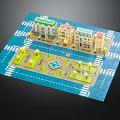 Cartoon Town Scene With Colorful Buildings Green Lawns Street Lamps And Central Fountain