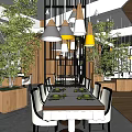 Modern Restaurant Interior With Hanging Lamps Dining Tables White Chairs And Green Plants