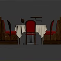 Modern Restaurant Interior With Red Booth Dining Table White Tablecloth Red Chairs And Bar Counter