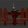 Red Dining Table Set with Six Red Chairs and Oil Lamp with Green Mat