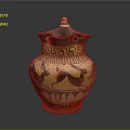 Ancient Pottery Sculpture With Lid Yellow Black Geometric Patterns And Animal Motifs