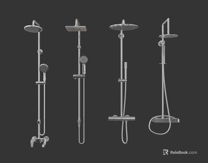 Four Modern Shower Systems with Various Designs Displayed on Black Background 3d model