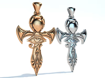 Intricate Gold And Silver Pendant Sculptures With Eye Motif And Cross Shape 3d model