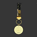 Decorative Golden Circular Household Item With Black Patterned Lanyard And Artistic Details