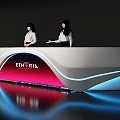 Modern Reception Desk With Blue LED Lights Pink Purple ETHYRIA Display And Two Staff