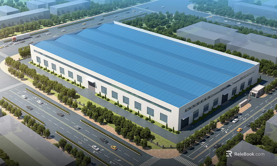 Modern Industrial Factory Building Exterior With Blue Roof White Walls Alongside Road And Greenery 3d model 