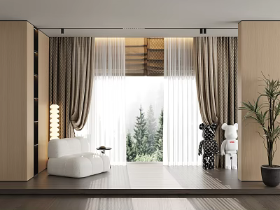Modern Curtains With Sheer Layers In Living Room Window Pines View White Sofa 3d model