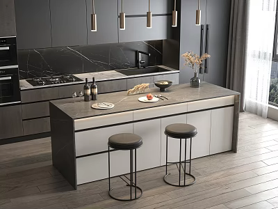 Modern Kitchen Bar Counter With Gray Marble Top And Black Metal Stools Design 3d model