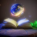 Open Book On Round Wooden Tray With Floating Globe Small Fragments And Green Object