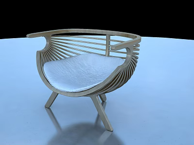 Modern Leisure Accent Chair With Wooden Slatted Backrest White Cushion And Slim Legs 3d model