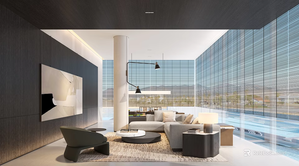 Modern Leisure Area Interior With Comfortable Sofa Coffee Table And Large Windows View 3d model