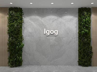 Stylish Front Desk Reception With Green Living Walls Gray Wavy Textured Backdrop And Wooden Panels 3d model