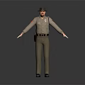 Man in Uniform Wearing Hat with Arms Outstretched and Utility Belt on Gray Background