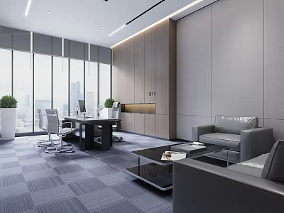 Modern Office Interior With Large Windows City View Office Desk Sofa And Potted Plants 3d model