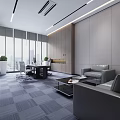 Modern Office Interior With Large Windows City View Office Desk Sofa And Potted Plants