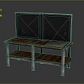 Rustic Workbench With Worn Wooden Top Metal Mesh Backboard Metal Legs And Lower Shelf