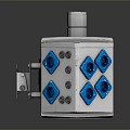 Gray Cubic Industrial Component With Blue Hexagonal Holes Top Cylindrical Part And Side Metal Fitting