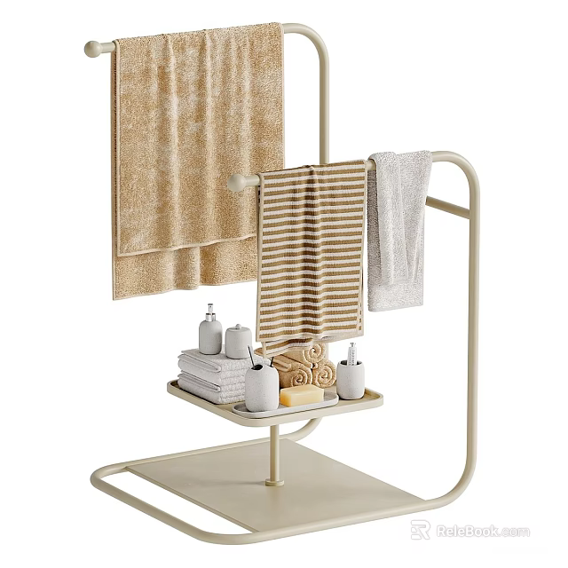 Modern Bath Towel Stand With Hanging Striped And Plain Towels Folded On Tray 3d model 