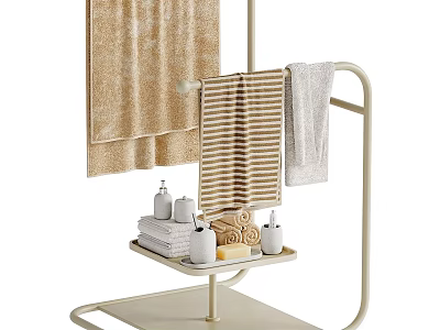 Modern Bath Towel Stand With Hanging Striped And Plain Towels Folded On Tray 3d model