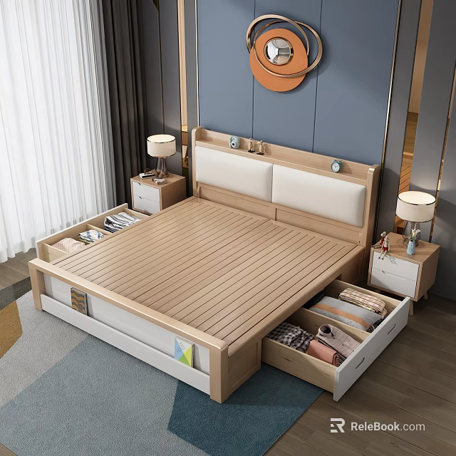 Modern Double Bed with Wooden Frame Upholstered Headboard Storage Drawers and Bedside Table Lamps 3d model 