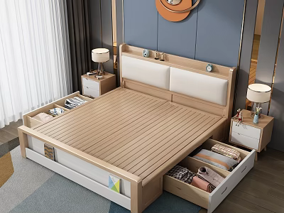 Modern Double Bed with Wooden Frame Upholstered Headboard Storage Drawers and Bedside Table Lamps 3d model