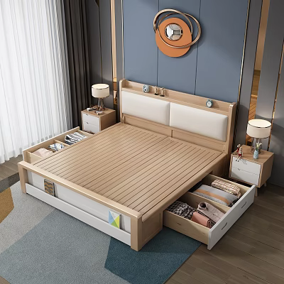 Modern Double Bed with Wooden Frame Upholstered Headboard Storage Drawers and Bedside Table Lamps 3d model