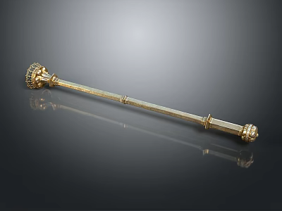 Golden Decorative Staff With Intricate Top Bottom Designs On Dark Reflective Background 3d model